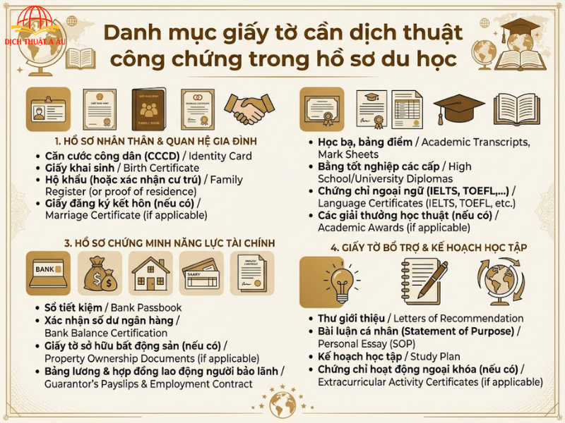 Danh mục các loại giấy tờ thiết yếu cần dịch thuật công chứng trong hồ sơ du học