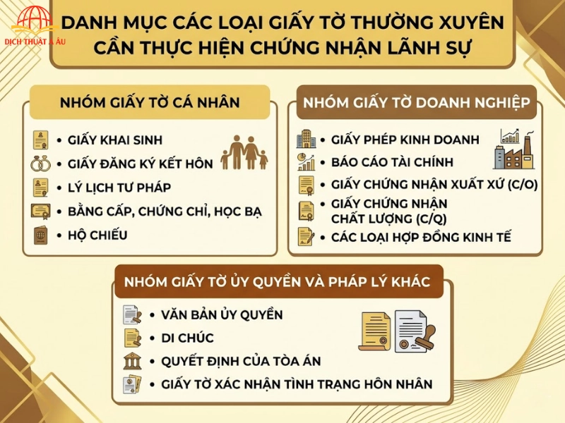 Danh mục các loại giấy tờ thường xuyên cần thực hiện chứng nhận lãnh sự