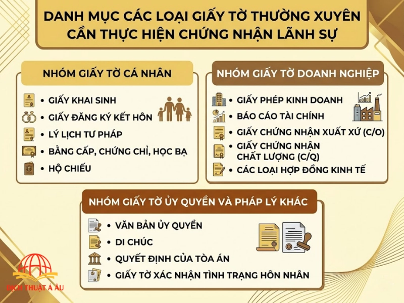 Danh mục các loại giấy tờ thường xuyên cần thực hiện chứng nhận lãnh sự